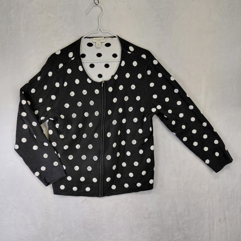 Appleseeds Petites Womens PXL Black White Polka Dot Zip Front Cardigan Sweater